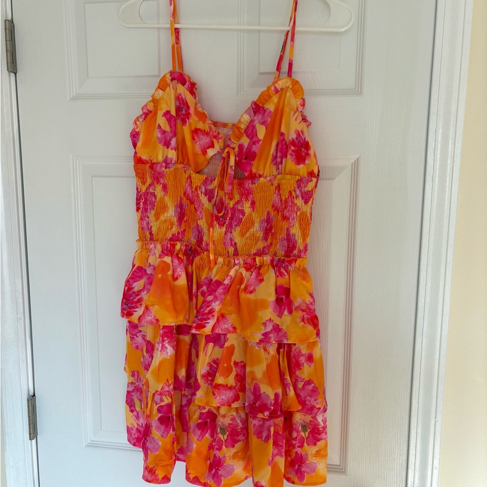 Spring Break Floral Vacation Ruffle Mini Dress in Orange and Pink